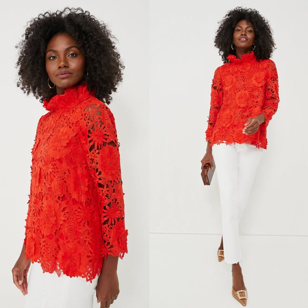 Tuckernuck Bright Red Floral Lace Mock-Neck Blouse